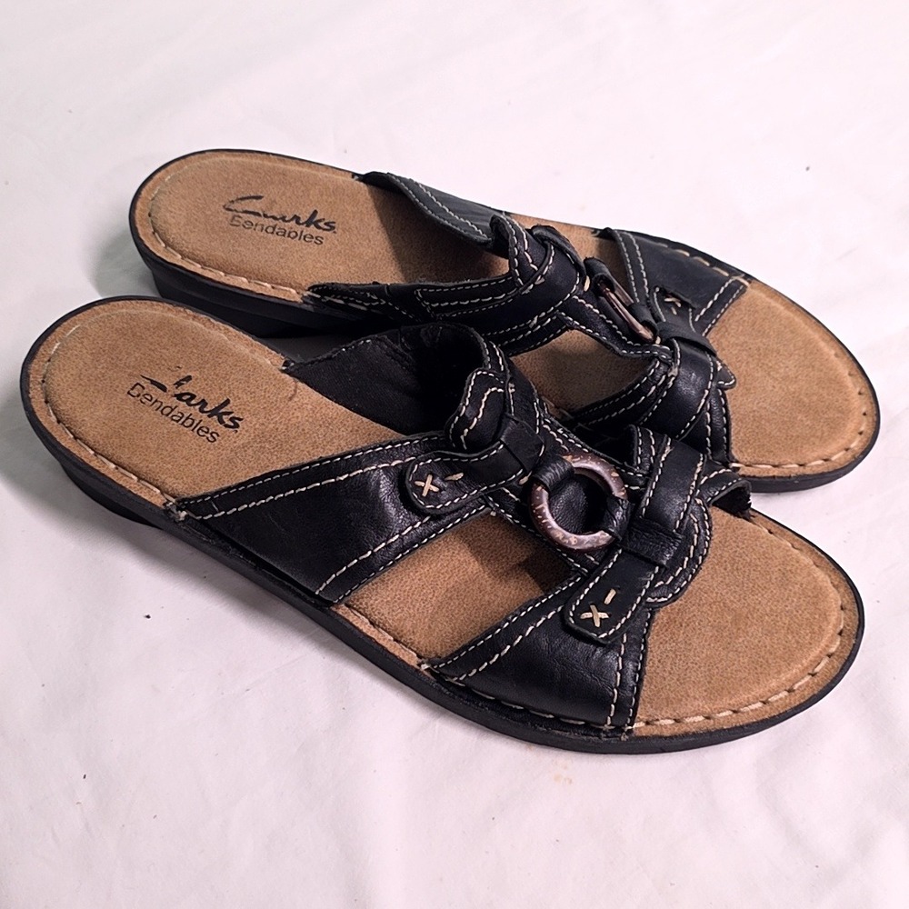 Clarks Slide Sandals Women 8M Black Leather Bendables Contrast Stitch Comfort